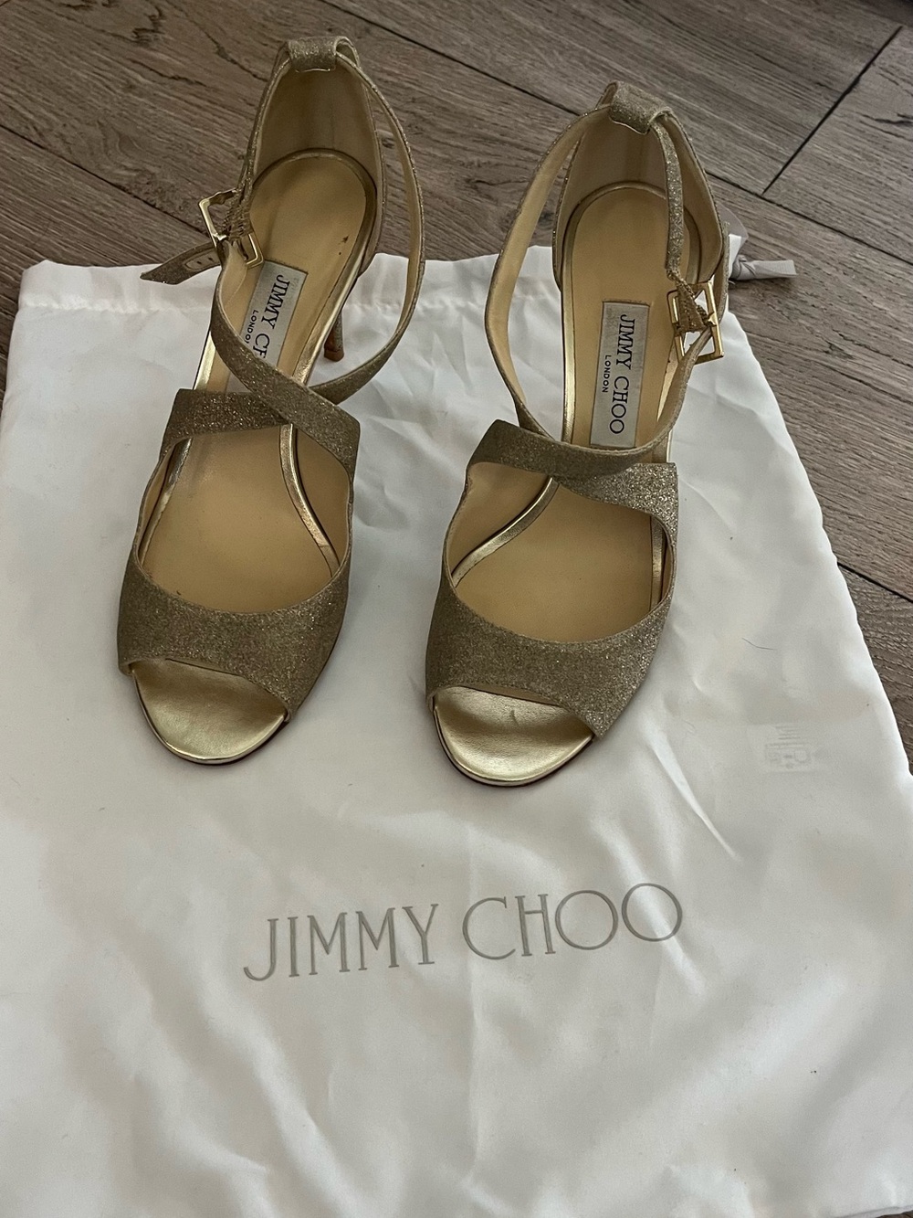 Jimmy Choo Gold Glitter Strap heels